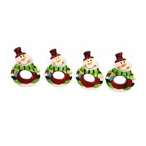Snowmen Napkin Rings Ceramic Set of 4  Pre Owned Christmas Table Setting